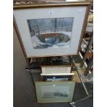A collection of nine various framed items, comprising prints, a pastel, an oil, etc., and a