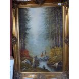 Denny, oils on canvas, stags sparring by a woodland pool, signed (90 x 60 cm), swept gilt frame TO