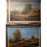 Dyer, two oils on canvas, rural scenes with children at play by a pond, both signed (50 x 76 cm),