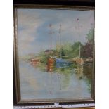 An early 20th century modern school oils on canvas sailing boats moored by a bank, indistinctly