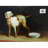 A Flemish-style oil on canvas, a dog with water in a Delft bowl (22 x 35 cm) TO BID ON THIS LOT