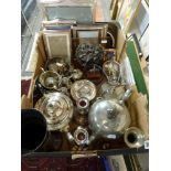 A carton of silver-plated and other items, including photograph frames, tea wares, glass preserve