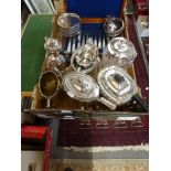 A carton of silver-plated items, including an EPBM tea set, other tea wares, cut-glass biscuit