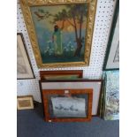 A mixed lot of framed items, including an oil on board Romantic revival school, a maiden plucking