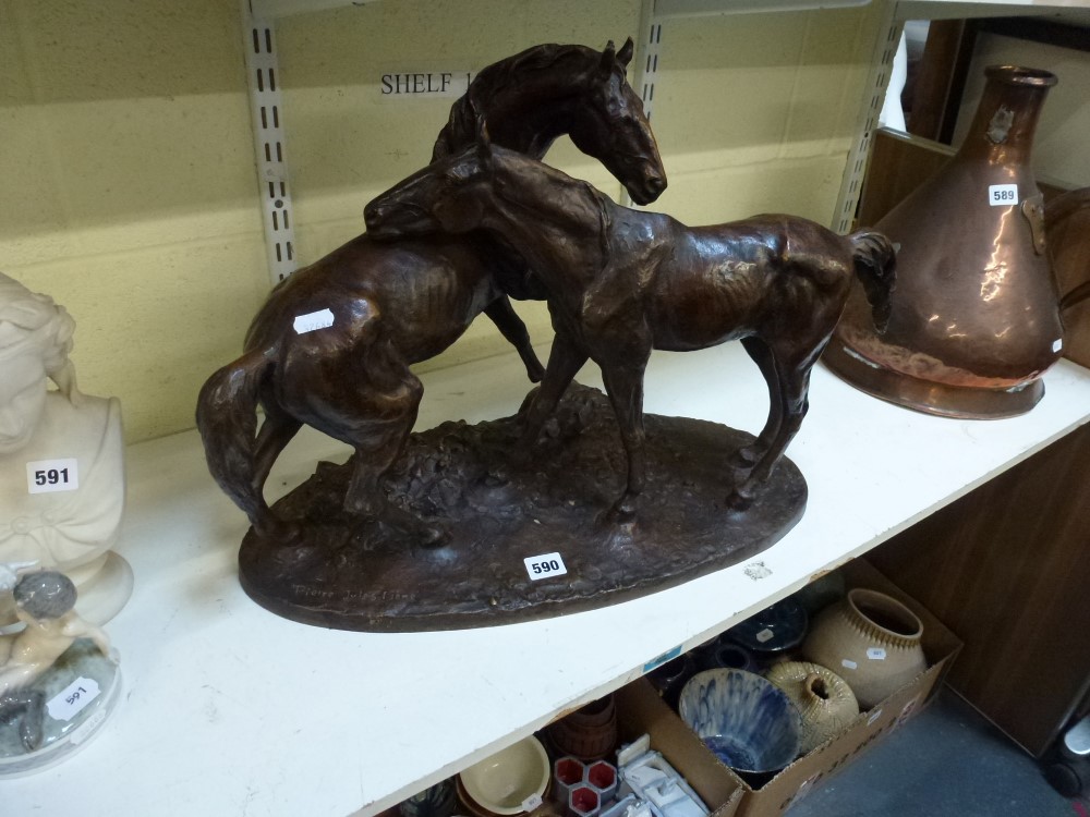 A large bronze equine group, of L'Accolade after Pierre Jules Mene, 58 cm long [C] TO BID ON THIS