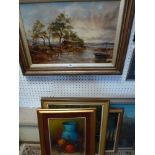 J. Warwick-Eaton, oils on canvas, a cottage by a river, signed, together with four other framed