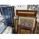 A mixed lot of framed items comprising prints, posters, batiks Marquetry, a photograph and a Dendy