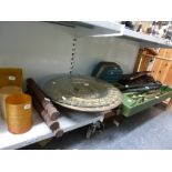 A mixed lot including a vintage table skittles game, a carved hardwood threefold table screen, a