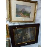 An antique watercolour in the rural Romantic style, and a George Morland narrative print of a