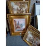 Florence, oils on canvas, fishing boats at anchor in the harbour, signed, and three other oils on