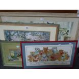 Various framed items comprising needlework pictures, an advertising mirror, coloured prints,