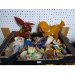 A carton of interesting vintage toys including felt fashion dolls, felt animals, a mohair teddy