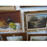 Oils on canvas, children sailing a toy boat on a pond (30 x 40 cm), gilt swept frame, together