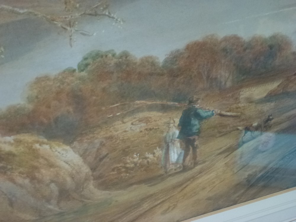 Follower of Copley Fielding, watercolour, 'Loch Achray 1845', with figures on a path, bearing - Image 3 of 3