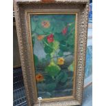 E.Y., oils on canvas, trailing nasturtiums in a stone urn, signed (55.5 x 25.5 cm), gilt wood