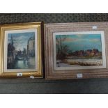 Patrick Shaw, oils, 'Canal Scene, Bruges', signed (23 x 18.5 cm), gilt frame, reverse with