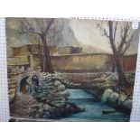 Hayzap Jianouski (?), oils on canvas, women washing at a stream by a mountain village, signed and