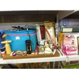 A mixed lot on three shelves including brewery items with corkscrews, Sparklets Beer Tap, soda