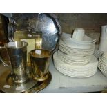 Two shelves of mixed china including a quantity of white glazed dinner wares, three Past Times