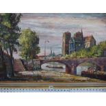 Continental school, oils on canvas, the Ile St Louis with Notre Dame, signed (illegible) (59 x 90