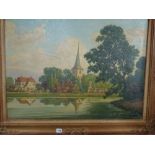 After C. Vreedenburgh, oils on canvas, a riverside church and rectory, bearing signature and date