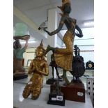 A large Thai bronze figure of a dancer on wooden stand, a Thai bronze figure of a kneeling deity