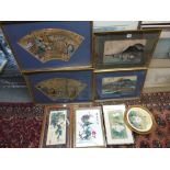 Eight framed Asian works of art, comprising Japanese coloured woodblock prints, a pair of fan