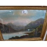 B. Leslie, oils, mountainous wooded landscape with birds over a lake, signed (36 x 49 cm), gilt