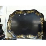 An early 19th century paper-mache tea tray with floral border in two-tone gilding, 31.5 in [A] TO