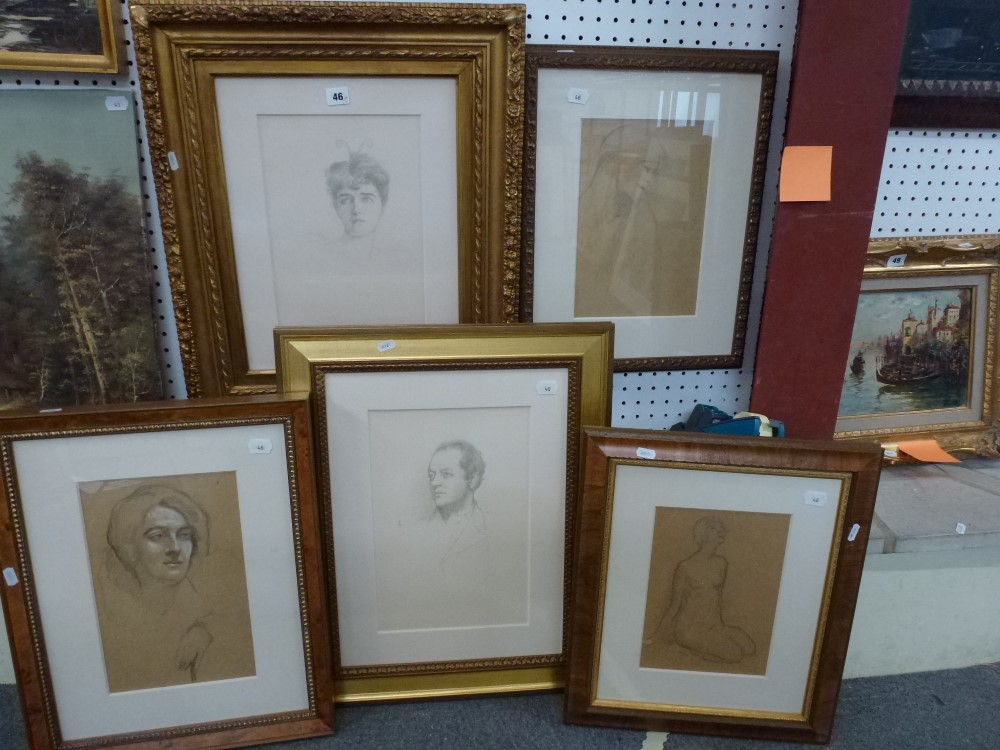 A group of framed pencil portrait and figure studies, comprising four of women and one of a man in