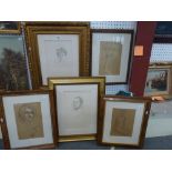 A group of framed pencil portrait and figure studies, comprising four of women and one of a man in