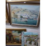 Oils on canvas, a Greek island fishing village, signed (in Greek) and dated 93 and signed and