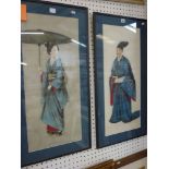 A pair of watercolour portraits of a Japanese man and woman in traditional dress, she holding a