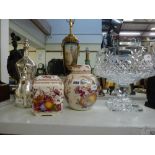 A silver plated Turkish coffee pot, a large glass fruit bowl on foot and two Mason's jars and covers