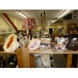 Two large decorative conch shells and a small quantity of ceramics including 'cottage Derby', studio