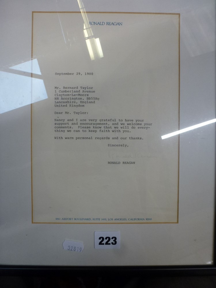 A typed letter from Ronald Reagan dated September 25 1980 thanking Mr Taylor for support with