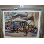 Roger Dellar, oils, 'Umbrellas', showing a street cafe (22.5 x 29.5 cm), modern wood frame,