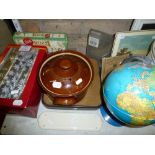 A mixed lot including mixing bowls, vintage wash bowl, a Rowley slide projector, modern globe,