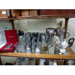 A set of 14 pewter bells depicting the apostles, a Royal Selanger hip flask in box, a pair of copper
