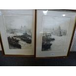 W.L. Wyllie, a pair of etchings of the Thames in London, at St Paul's and at the Tower of London,