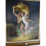 Continental school, oils on canvas, classical lovers fleeing in a landscape (60 x 50 cm), gilt frame