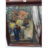 E. Ventrino (?), oils on board, still life of bright flowers in a blue vase on a windowsill,