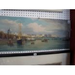 Stephen Sims, oils on board, shipping on the Thames with a view of St Paul's, signed (39 x 89 cm) TO