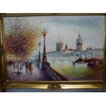 P. Sanchez, 20th century, oils on canvas, the Thames Embankment at Westminster, signed (60 x 90 cm),