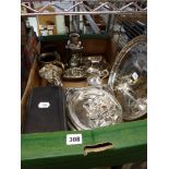 A carton of silver-plated items, including an antique scissor snuffers on stand, an ornate salver on