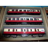 Trains: a set of three Ace Trains '0' gauge tinplate corridor coaches, BR C/5, Set A, Master Cutler,