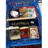 A tray of costume jewellery including bracelets, brooches and beads, a handbag notebook, etc. TO BID