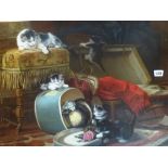 After Henriette Ronner-Kip, oil on canvas, kittens playing with a hat box by an open trunk(49 x 70