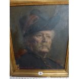 Clara Burton, oils on canvas, a portrait of an elderly man in a scarlet and black uniform, signed