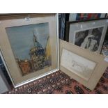 Charles Brooking (?), watercolour, St Paul's Cathedral, signed (cm), framed; together with a